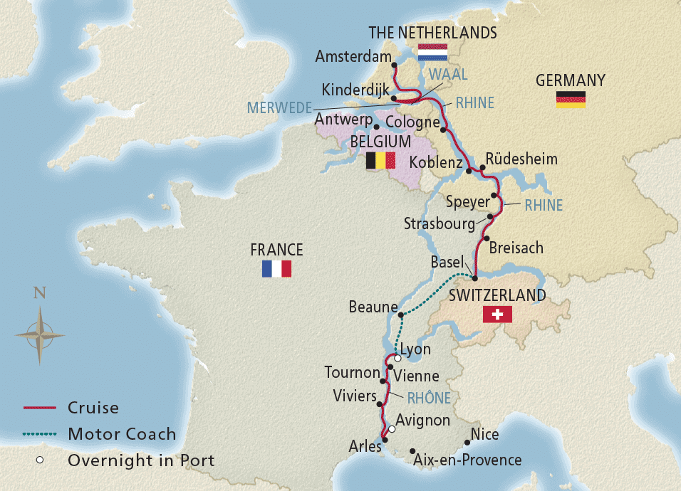 Map of NEW! Lyon, Provence & the Rhineland itinerary