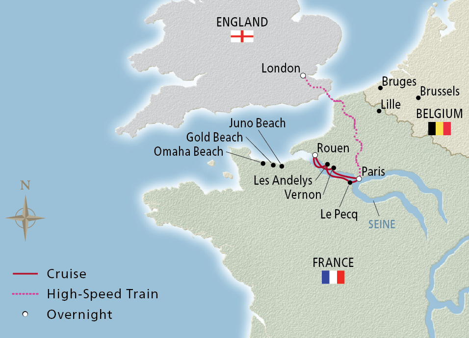 Map of London, Paris & D-Day itinerary
