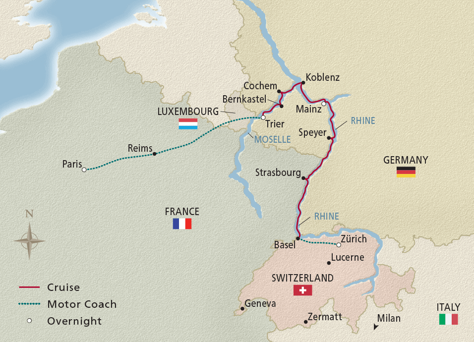 Map of Paris to the Swiss Alps itinerary