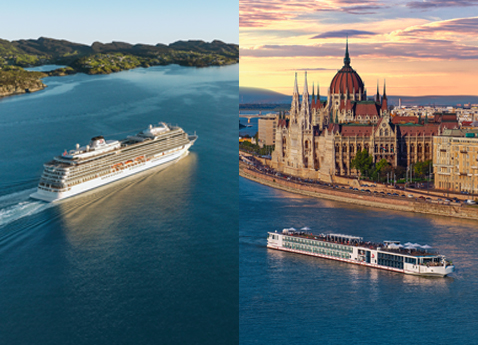 Photo with two inner images in it. The left image has an ocean cruise ship sailing near the green shoreline. The right image river ship sailing along the river bank lines with pointy and gothic buildings.