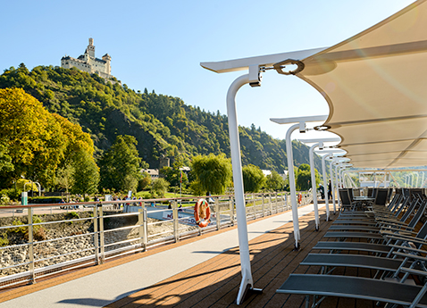 Sun Deck chairs with a view of Marksburg Castle on a Viking River Longship.
