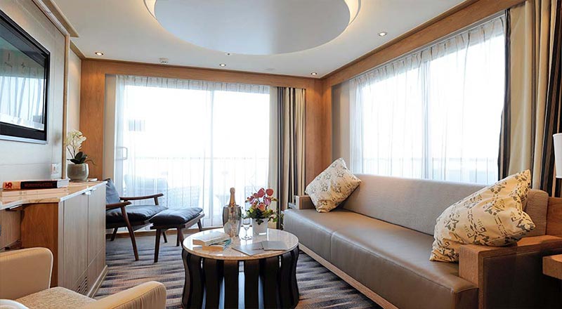 Living area in an Explorer Suite on board a Viking river ship