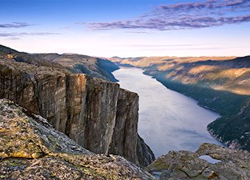 Golden hour view of Lysefjord and cliffs near Stavanger, Norway